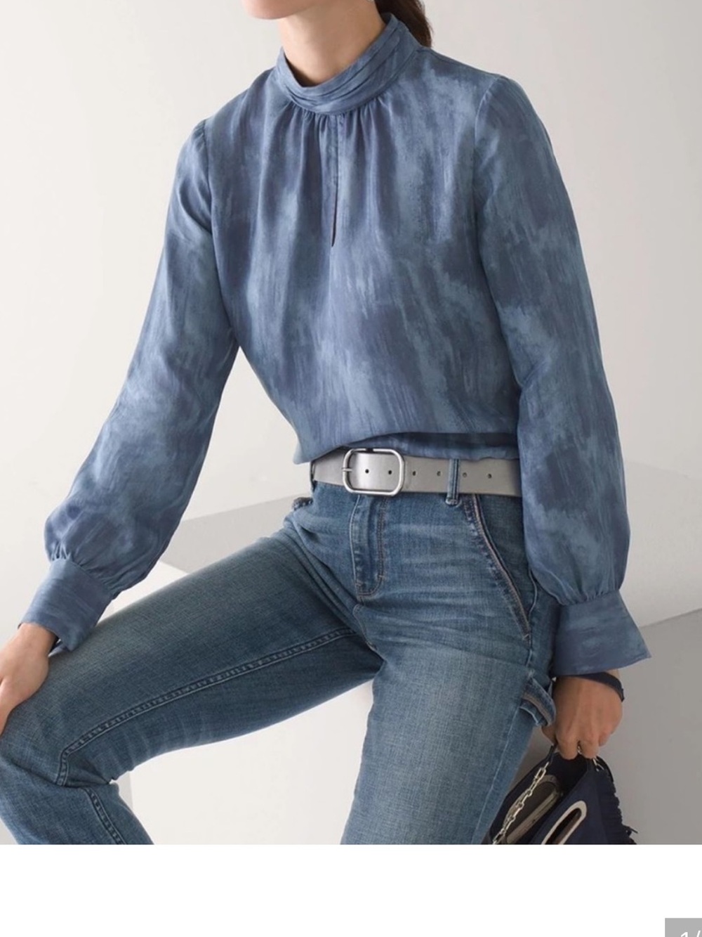 NWOT White House | Black Market - Blue Keyhole Mock Neck Longsleeve Blouse - Picture 3 of 12